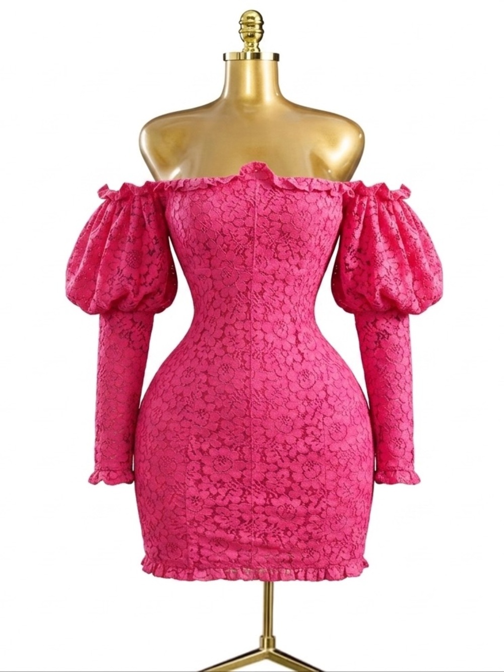 Luxxel Hot Pink Off-Shoulder Lace Puff-Sleeve Bodycon Dress